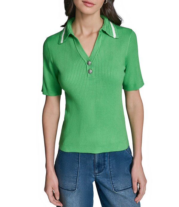 長い巻き毛 ラガーフェルド レディース トップス プルオーバー スポーツシャツ 編み物 KARLAGERFELD PARIS Knit Polo Collar Short Sleeve Top Garden Green/Soft White 白いこと