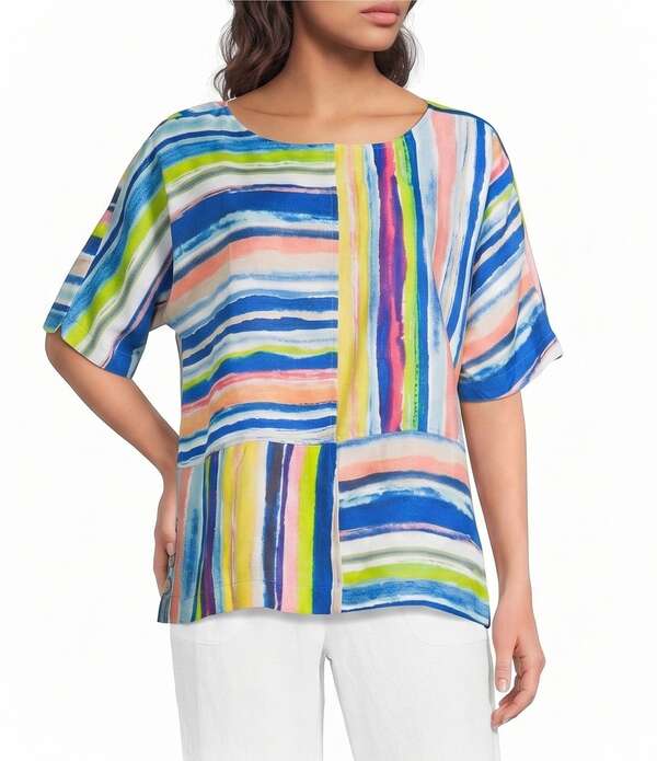 蟻 マイルス レディース トップス プルオーバー Ali Miles Woven Stripe Round Neck Short Dolman Sleeve Tunic Multi マルチ色合い