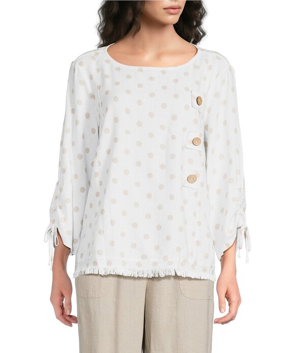 蟻 マイルス レディース トップス プルオーバー Ali Miles Woven Multi Dot Round Neck Short Sleeve Frayed Hem Tunic White 白いこと