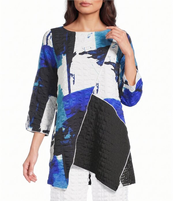 アイシーコレクション レディース トップス プルオーバー 刷り上げる メッシュ ICollection Pucker Mesh Abstratc Print Scoop Neck Bracelet Sleeve Tunic Blue 青色