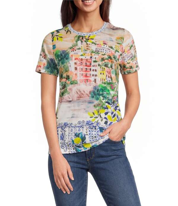 ジョニーワズ レディース トップス Tシャツ クルーネック プリント JOHNNY WAS The Janie Favorite Olympe Scenic Scarf Print Crew Neck Short Sleeve Tee Olympe Scarf｜ReVida 店