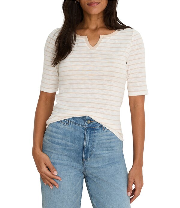 ニックアンドゾー レディース トップス ティーシャツ Vのど首 編み物 NIC + ZOE Knit Stripe Notch Split V-Neck Elbow Sleeve Tee Neutral Multi マルチ色つや