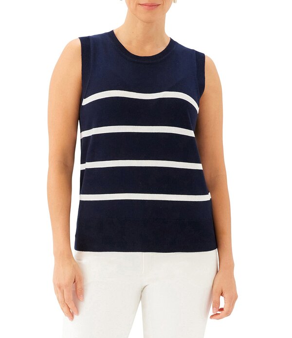 カレンケーン レディース トップス プルオーバー 労働者の一団のど首 肋筋 ノースリーブ 編み物 Karen Kane Knit Stipe Crew Neck Sleeveless Ribbed Tank Navy/Off White 象牙色