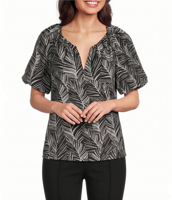 インベストメンツ レディース トップス シャツ プリント ブラウス Investments Palm Stencil Print 3/4 Bubble Sleeve Split Round Neck Blouse Black/White Palm Stencil ホワイト|ReVida 店