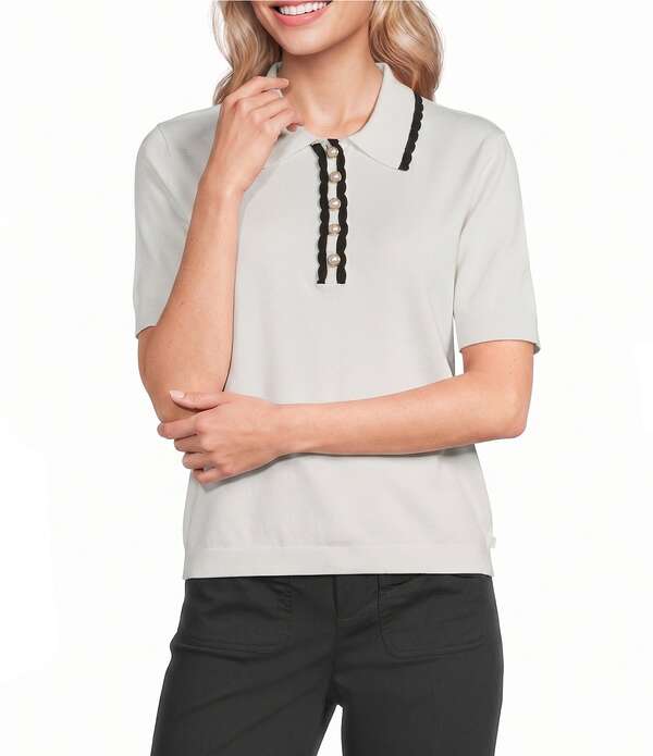 長い巻き毛 ラガーフェルド レディース トップス プルオーバー スウェーター KARLAGERFELD PARIS Point Collar Short Sleeve Sweater Top Soft White/Black 白いこと
