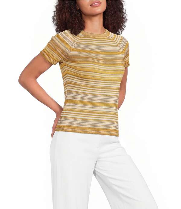 マレーラ レディース トップス プルオーバー 編み物 Marella Knit Mllgirello Stripe Short Sleeve Lurex Embellished T-Shirt Saffron Stripes 縞模様