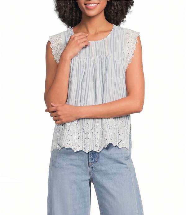 ラッキーブランド レディース トップス プルオーバー 旗がしら スピード競技 Lucky Brand Woven Stripe Lace Round Neck Cap Sleeve Top Blue Stripe 青碧