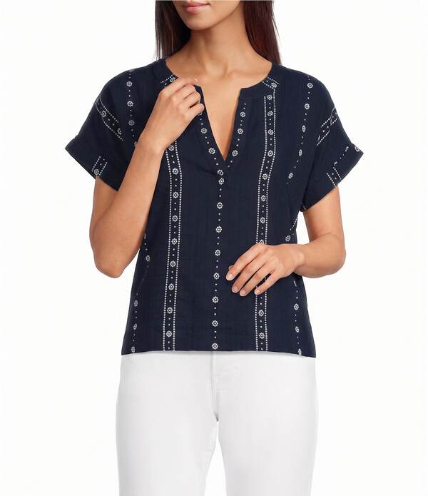 ラッキーブランド レディース トップス プルオーバー Vのど首 スピード競技 Lucky Brand Novelty Woven Lace Stripe V-Neck Short Sleeve Shirt Ombre Bleu 縞模様