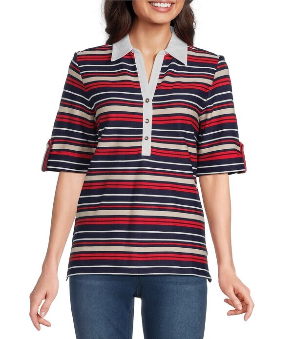 ジョーンズニューヨーク州 レディース トップス ティーシャツ スポーツシャツ 編み物 Jones New Yorknit Stripe Polo Collar Elbow Sleeve Topacific Navy Multi 米国海軍