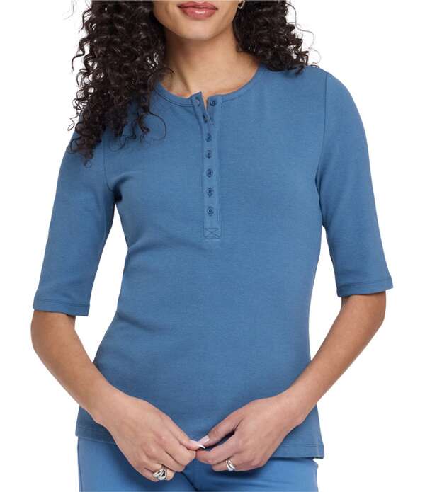 エヌワイディージェイ レディース トップス プルオーバー ヘンリーのど首 肋材 編み物 NYDJ Ribbed Knit Henley Neck Short Sleeve Top Indigo Melody インディゴ