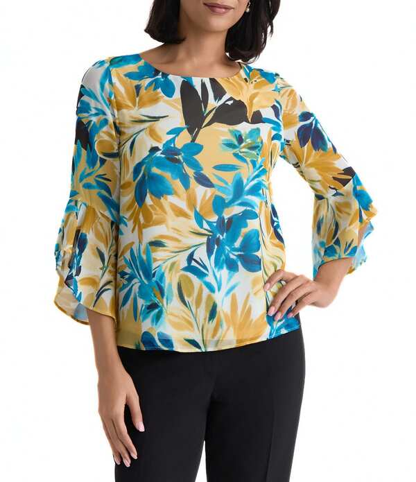 カスパール レディース トップス プルオーバー 刷り上げる フラウンス トップ Kasperuffle 3/4 Sleeve Printed Blouse Butterscotch