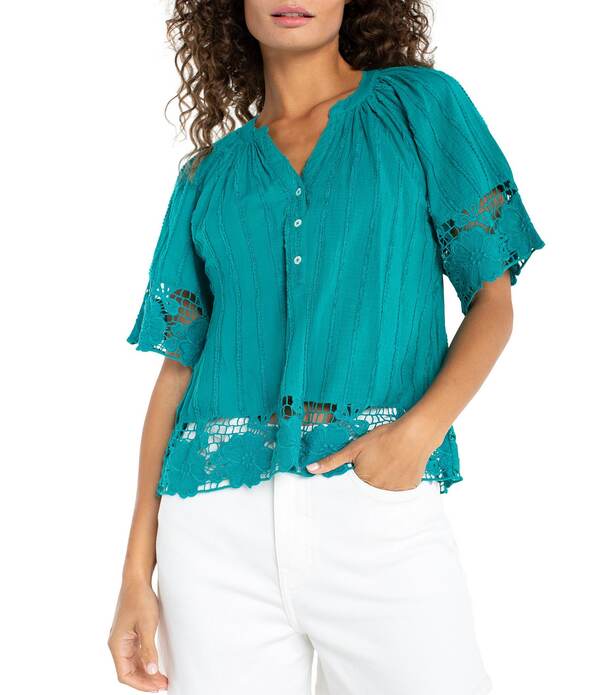 リヴァプール 天使の都市 レディース トップス プルオーバー Vのど首 刺しゅう スピード競技 Liverpoolos Angeles Woven Embroidered Lace V-Neck Short Sleeve Top Teal Tide ティール