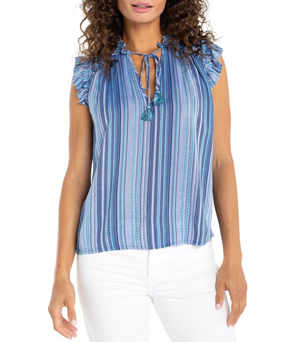 リヴァプール 天使の都市 レディース トップス プルオーバー Vのど首 フラウンス ノースリーブ Liverpoolos Angeles Ruffled Woven Multi Stripe V-Neck Sleeveless Top Chambray/Teal ティール