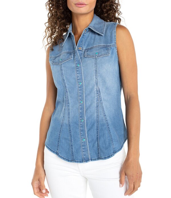 リヴァプール 天使の都市 レディース トップス プルオーバー ノースリーブ ジーンズ Liverpoolos Angelestretch Denim Point Collar Sleevelesshirt Desert Sky ジーンズ
