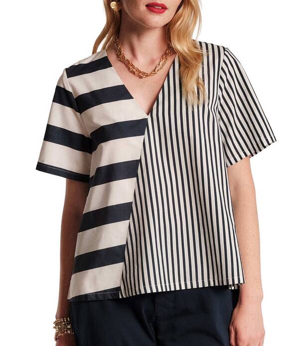 フランセスバレンタイン レディース トップス プルオーバー Vのど首 FRANCES VALENTINE Schooner Mixed Stripe Poplin V-Neck Short Sleeve Top Navy/Oyster 米国海軍
