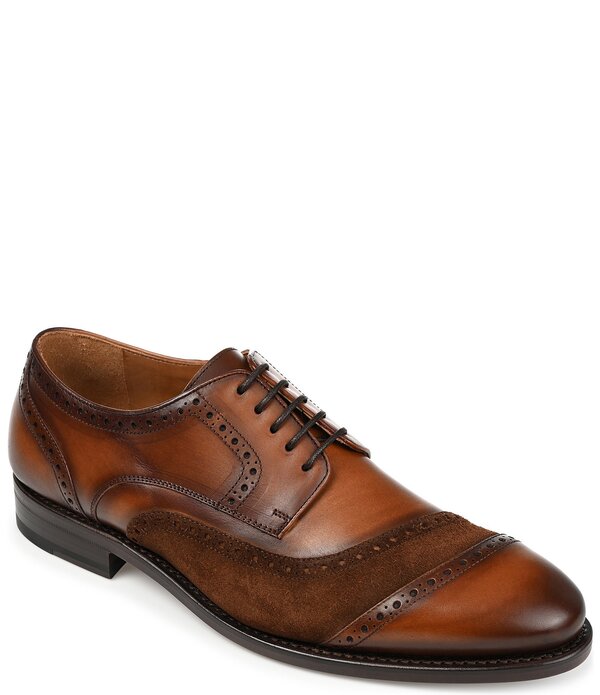 タフト メンズ シューズ オックスフォード スエードクロス ブローグ 旗がしら なめし革 Taft Men\u0027s Gladiator Leather Suede Brogue Detail Cap Toe Oxfords Chocolate 黒茶