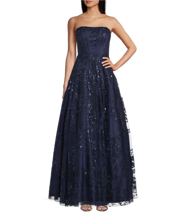 ブロンディナイツ レディース トップス 衣装 メッシュ ストラップレス Blondie Nites Glitter Mesh Strapless Corset Long Dress Navy 米国海軍