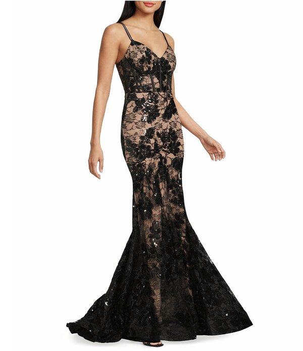 ブロンディナイツ レディース トップス 衣装 御花柄 スパンコール スピード競技 御花 Blondie Nitesequin Floralace Corsetrumpet Dress Black/Nude 黒いこと