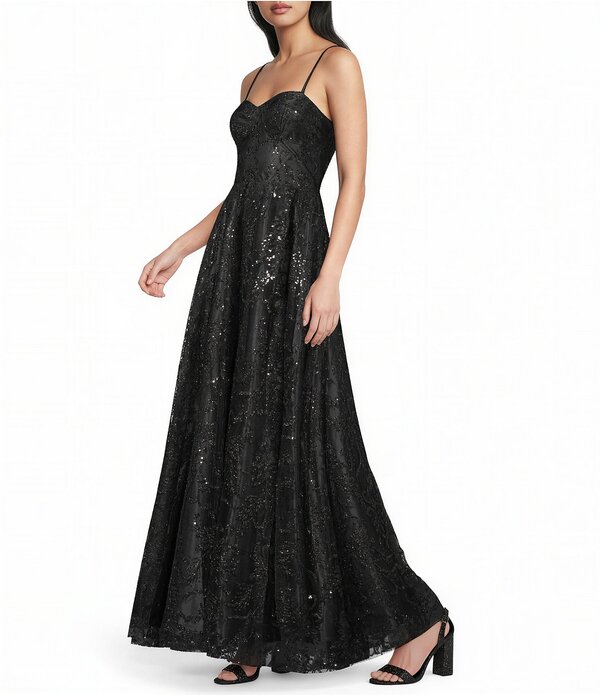 ブロンディナイツ レディース トップス ワンピース A ライン プリント メッシュ Blondie Nites Glitter Mesh Leaf Print Sweetheart Neck X-Back Tie Back A-Line Long Dress Black ブラック｜ReVida 店