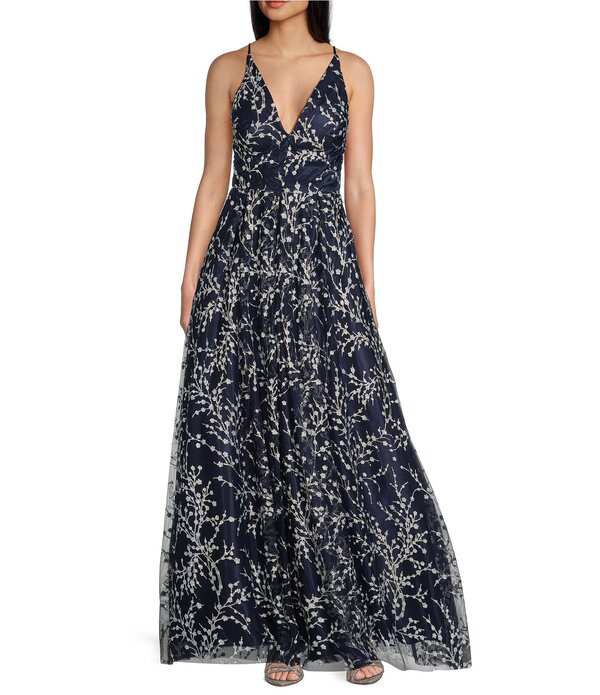 ブロンディナイツ レディース トップス 衣装 Vのど首 A 生産ライン ノースリーブ Blondie Nites Caviar Glitter Patterned V-Neck Sleeveless Tie Back A-Line Gownavy/Peri 米国海軍