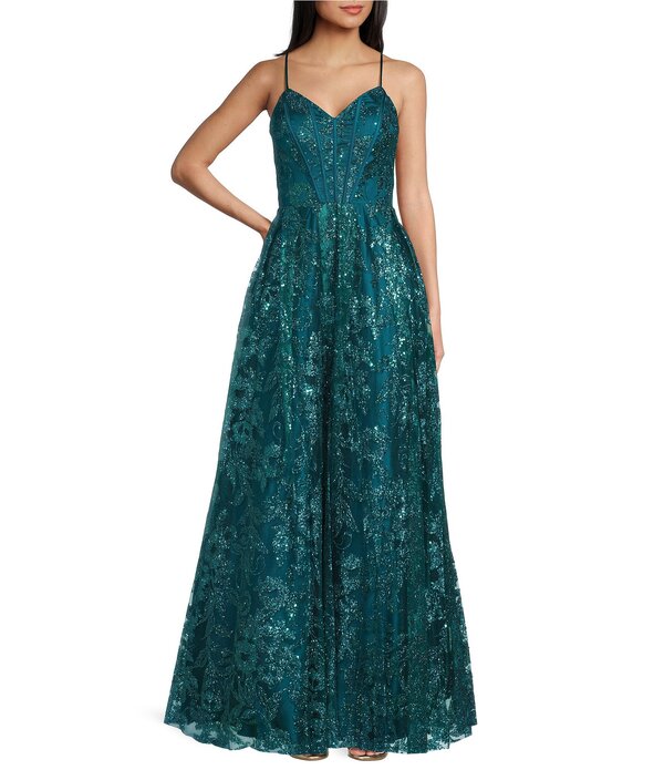 ブロンディナイツ レディース トップス 衣装 Vのど首 Blondie Nites Glitter Pattern V-Neck Spaghetti Straps Corsetie-Back Gown Teal ティール