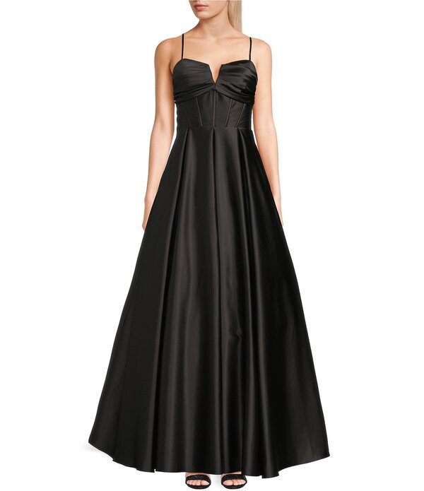 ブロンディナイツ レディース トップス 衣装 繻子 Blondie Nitesatin V-Notch Front Spaghetti Strap Tie Back Gown Black 黒いこと