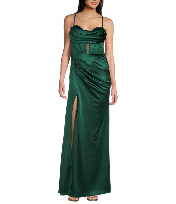 ブロンディナイツ レディース トップス 衣装 ドレープ プルオーバー スピード競技 Blondie Nites Power Sateen Drape Neck Spaghetti Straps Corset Lace Up Back Long Dress Hunter