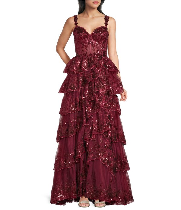 ブロンディナイツ レディース トップス 衣装 ティアード フラウンス スパンコール スピード競技 Blondie Nitesequin Lace Sweetheart Neckline Ruffle Tiered Ball Gown Wine ぶどう酒