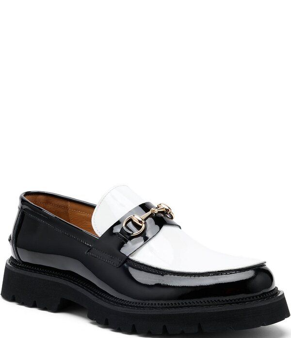 目じるしノーラン メンズ シューズ スリッポン・ローファー 色合い差しつかえる なめし革 Marc Nolan Men\u0027s Blake Colorblock Patent Leather Bit Buckle Lug Loafers Black/White 白いこと