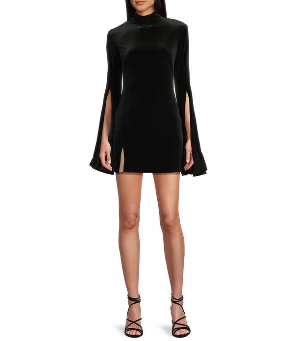 ブロンディナイツ レディース トップス 衣装 ハイネック 向こう正面細長い切口 天鵞絨 Blondie Nites Velvet High Neck Bell Sleeve Front Slit Dress Black 黒いこと