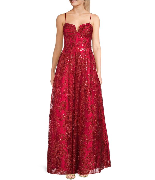 ブロンディナイツ レディース トップス ワンピースパンコール スピード競技 Blondie Nites Glitter Sequin Accent Notch Front Lace Up Back Long Dress Red 赤いこと