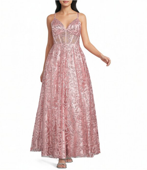 ブロンディナイツ レディース トップス 衣装 スピード競技 Blondie Nites Glitter Bow-Pattern Sweetheart Neck Lace Up Tie Back Dress Rose