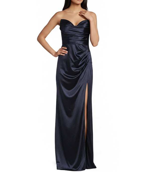 ブロンディナイツ レディース トップス 衣装 片方細長い切口 繻子 ストラップレス Blondie Nitesatin Straplesside Slit Dress Navy 米国海軍