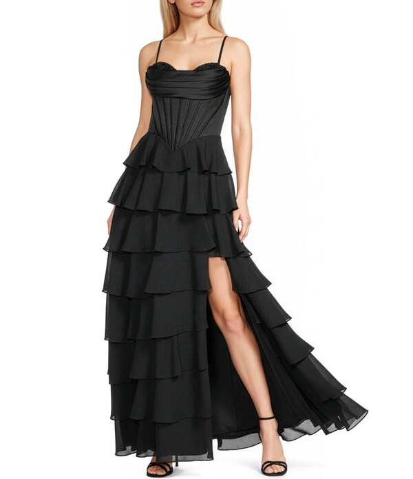 ブロンディナイツ レディース トップス 衣装 ティアード フラウンス 繻子 Blondie Nitesatin Sweetheart Neck Corseted Bodice Ruffle Tiered Long Dress Black 黒いこと