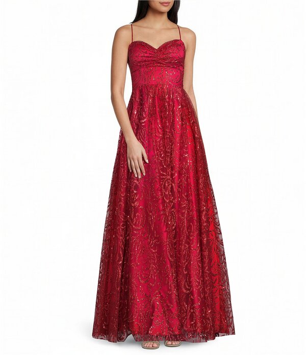 ブロンディナイツ レディース トップス ワンピース レース Blondie Nites Glitter Patterned Pinch Front Lace Up Back Long Dress Red レッド｜ReVida 店
