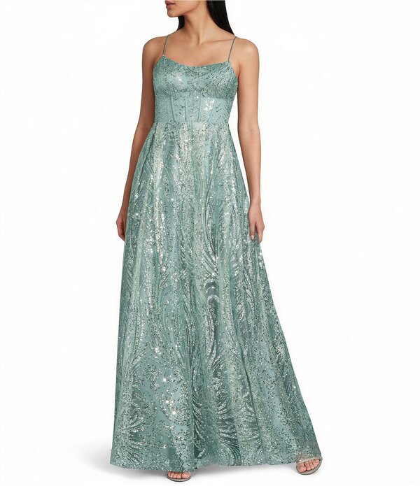ブロンディナイツ レディース トップス 衣装 スピード競技 Blondie Nites Glitter Patterned Scoop Neck Illusion Corseted Lace Up Back Gown Sage サルヴィア