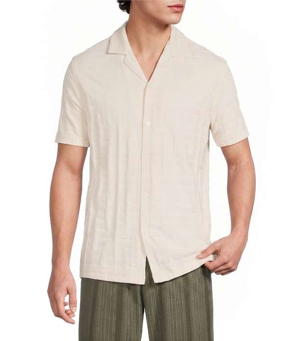ムラノ メンズ トップス プルオーバー 厚地の外套 Murano Seville Collection Jacquard Classic Fit Short Sleeve Woven Coat Front Shirt Eggshell