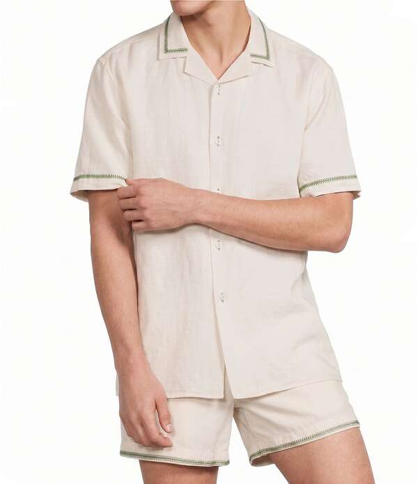 ムラノ メンズ トップス プルオーバー リネン Murano Seville Collection Coordinating Linen Embroidery Short Sleeve Woven Camp Shirt Eggshell