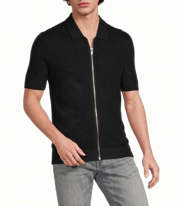 ムラノ メンズ トップス プルオーバー 厚地の外套 編み物 Murano Solid Full-Zip Short Sleeve Knit Coat Front Shirt Black 黒いこと