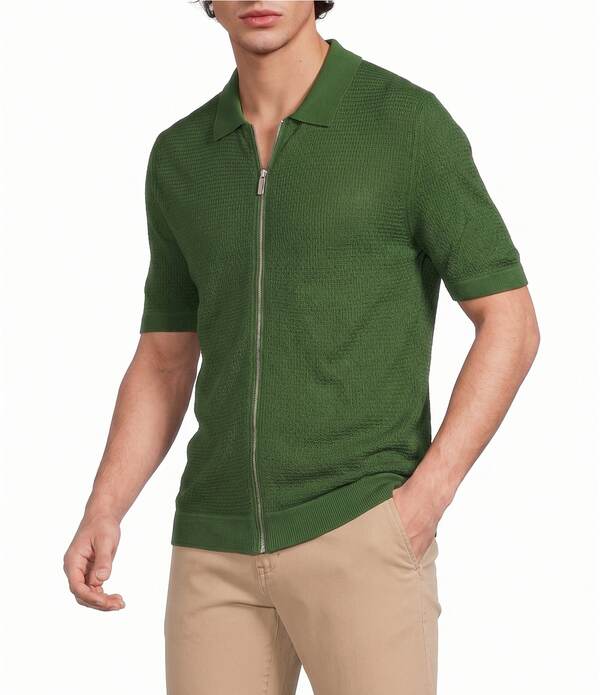ムラノ メンズ トップス プルオーバー 厚地の外套 編み物 Murano Solid Full-Zip Short Sleeve Knit Coat Front Shirt Fern Green 緑であること