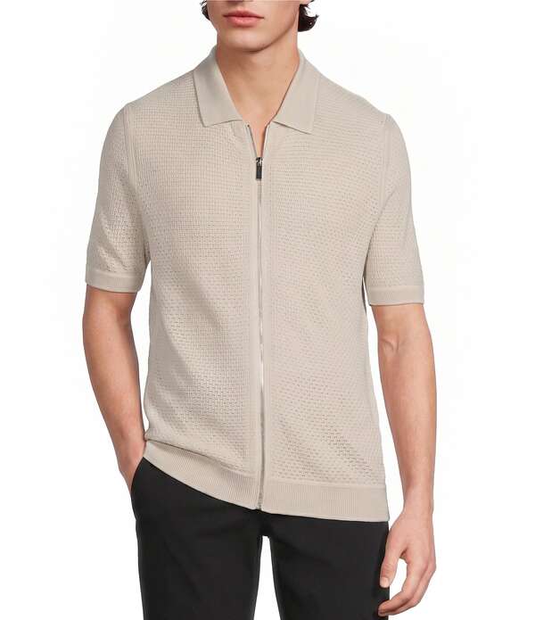 ムラノ メンズ トップス プルオーバー 厚地の外套 編み物 Murano Solid Full-Zip Short Sleeve Knit Coat Front Shirt Light Stone 石ころ