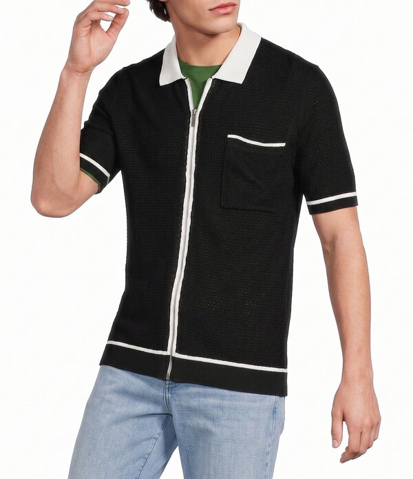 ムラノ メンズ トップス プルオーバー Murano Color Block Short Sleeve Full-Zip Shirt Black 黒いこと