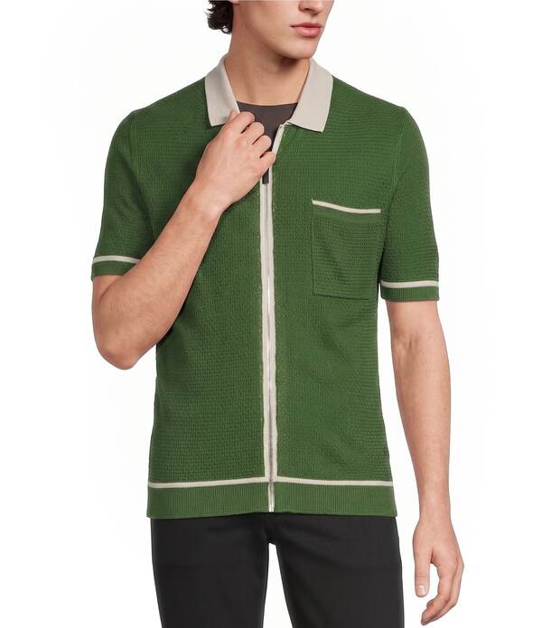 ムラノ メンズ トップス プルオーバー Murano Color Block Short Sleeve Full-Zip Shirt Fern Green 緑であること