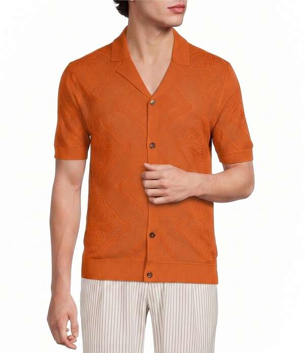 ムラノ メンズ トップス プルオーバー 厚地の外套 Murano Seville Collection Textured Short Sleeve Coat Front Shirt Burnt Orange オレンジ色