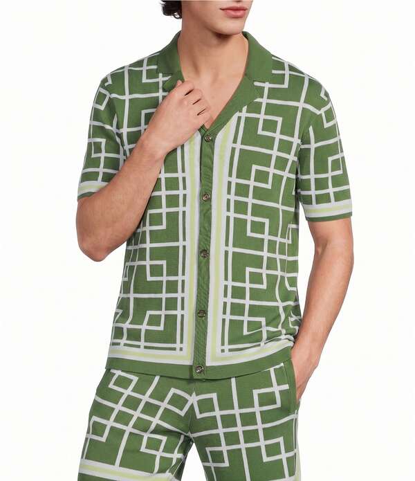 ムラノ メンズ トップス プルオーバー 刷り上げる 厚地の外套 Murano Seville Collection Coordinatingeo Print Jacquard Short Sleeve Coat Front Shirt Fern Green 緑であること