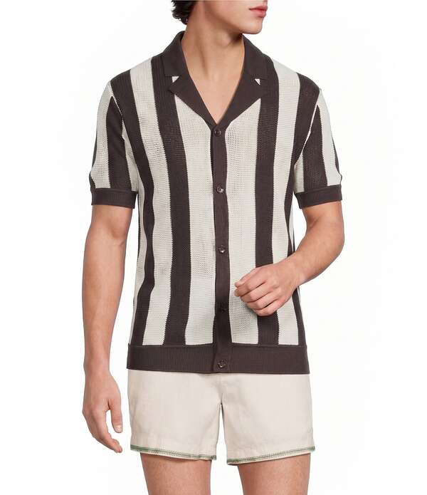 ムラノ メンズ トップス プルオーバー Murano Seville Collection Stripe Short Sleeve Button Front Shirt Eggshell 縞模様