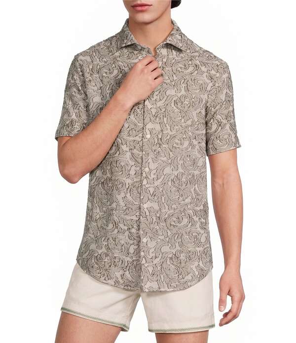 ムラノ メンズ トップス プルオーバー トール Murano Big \u0026 Tall Seville Collection Lines Jacquard Classic Fit Short Sleeve Shirt Dark Cedar