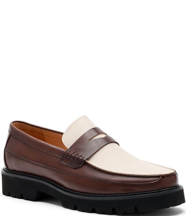 目じるしノーラン メンズ シューズ スリッポン・ローファー 色合い差しつかえる なめし革 Marc Nolan Men\u0027s Adler Glazed Colorblock Leather Penny Loafers Brown/White 白いこと