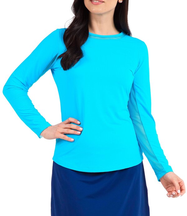 アイビークール レディース トップス Tシャツ クルーネック メッシュ IBKULong Sleeve Mesh Inlay Crew Neck Top Turquoise ターコイズ|ReVida 店