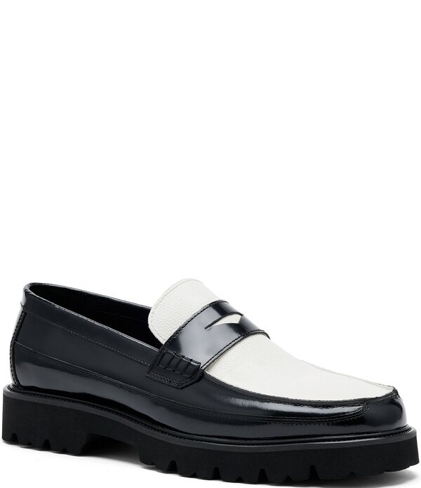 目じるしノーラン メンズ シューズ スリッポン・ローファー なめし革 Marc Nolan Men\u0027s Adler Mixed Leather Lug Penny Loafers Black/White 白いこと
